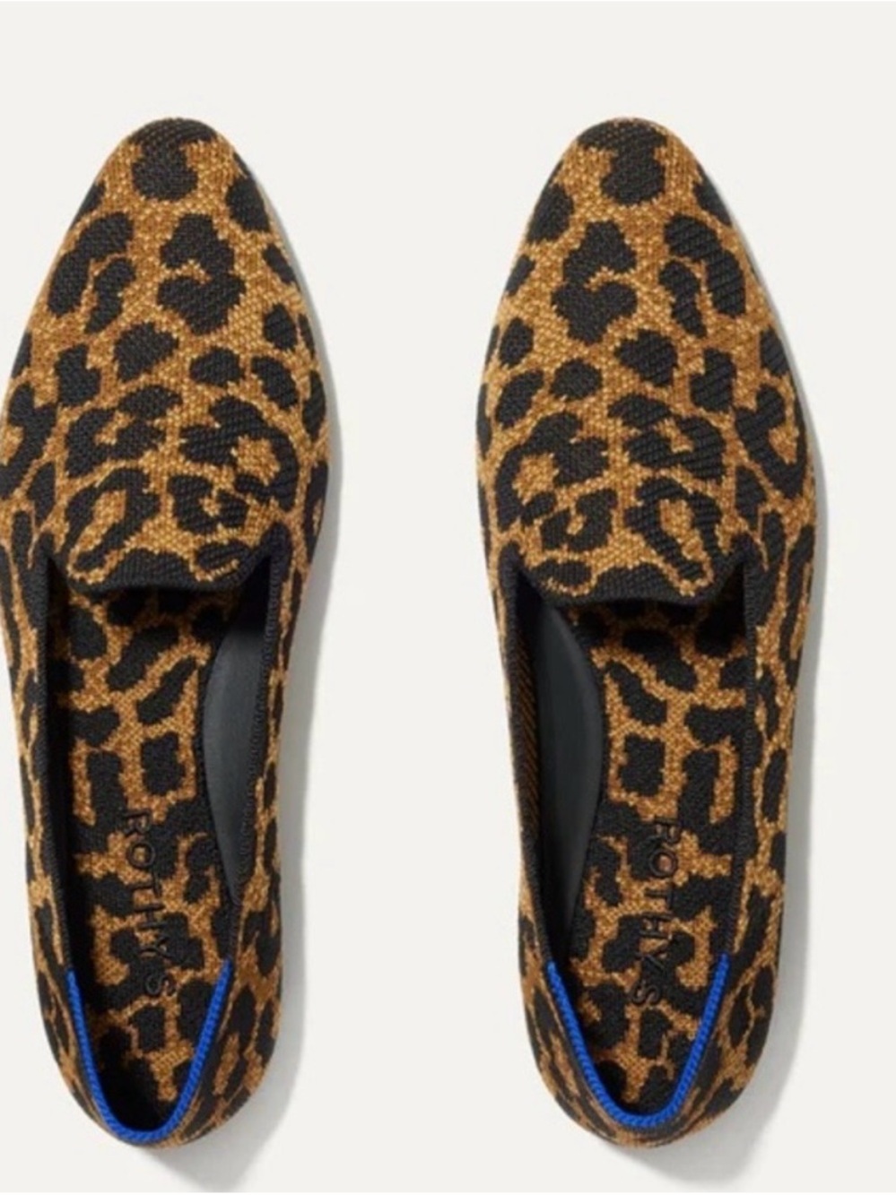 Rothy’s  Leopard Knit Slip-Ons in Brown and Black, Blue Trim